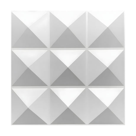 White 3D PVC wall panel, 50 x 50cm, featuring nine raised square pyramids in a three by three grid with crisp geometric relief, shown on a plain white background.