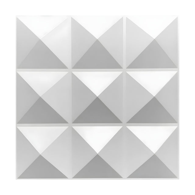 White 3D PVC wall panel, 50 x 50cm, featuring nine raised square pyramids in a three by three grid with crisp geometric relief, shown on a plain white background.