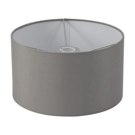 Sigma Cylinder Lamp Shade in grey faux silk, 30cm wide with a white lined interior and fitter ring, shown on a plain white background.