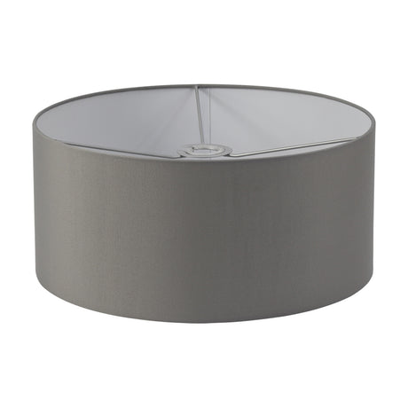 Sigma Cylinder Lamp Shade 40cm in grey faux silk fabric, a wide shallow drum with white lining and spider fitter, shown on a plain white background.