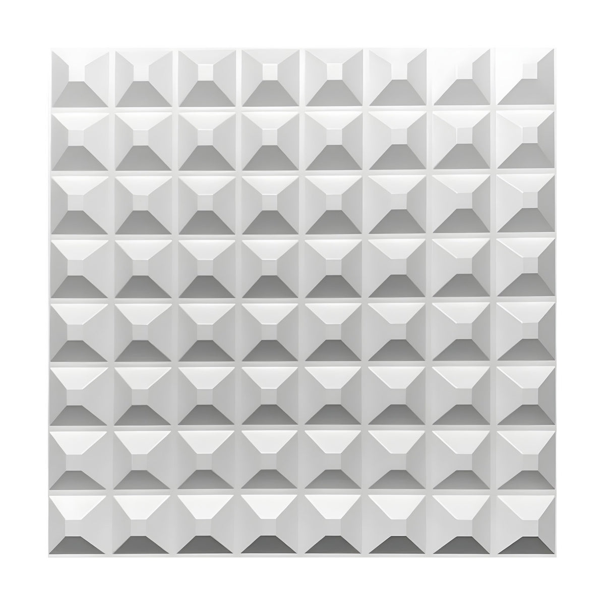 White PVC 3D wall panel, 50 x 50cm, featuring an 8x8 grid of flat-topped square pyramids with sloping facets, shown against a plain white background.