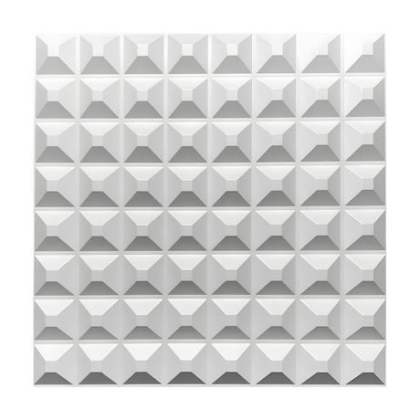White PVC 3D wall panel, 50 x 50cm, featuring an 8x8 grid of flat-topped square pyramids with sloping facets, shown against a plain white background.