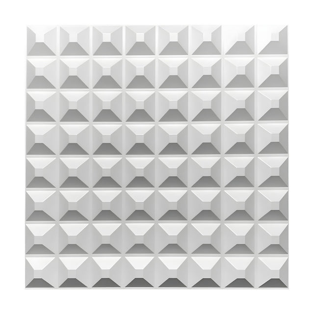 White PVC 3D wall panel, 50 x 50cm, featuring an 8x8 grid of flat-topped square pyramids with sloping facets, shown against a plain white background.