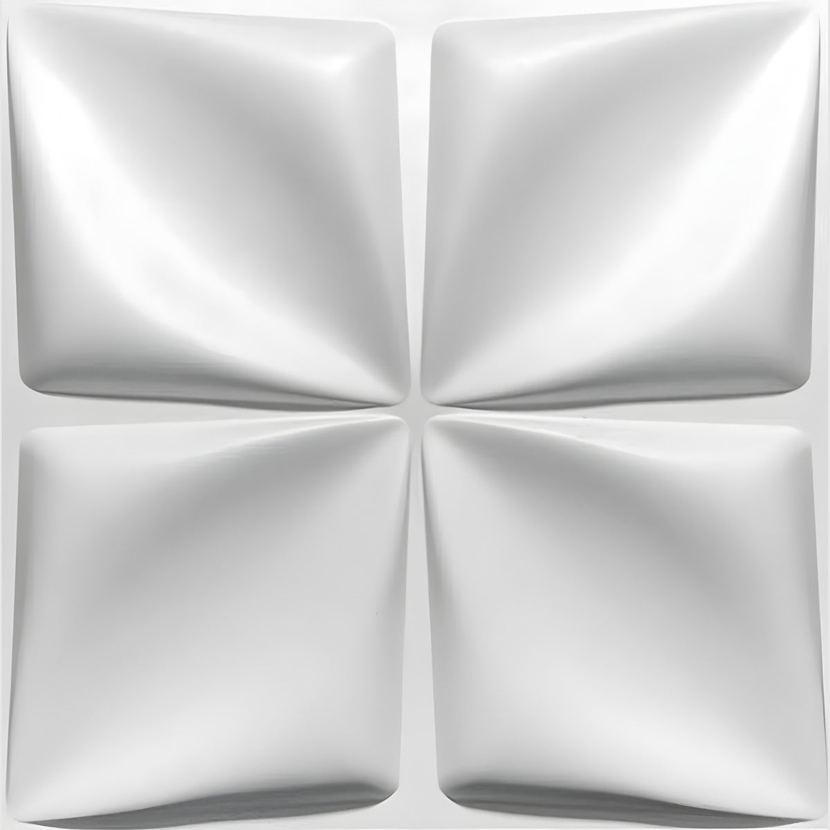 White PVC 3D wall panel, Four Petal Cushion design, 50 x 50cm, with four square cushioned sections divided by a cross-shaped channel, shown on a plain background.