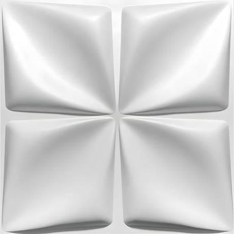 White PVC 3D wall panel, Four Petal Cushion design, 50 x 50cm, with four square cushioned sections divided by a cross-shaped channel, shown on a plain background.