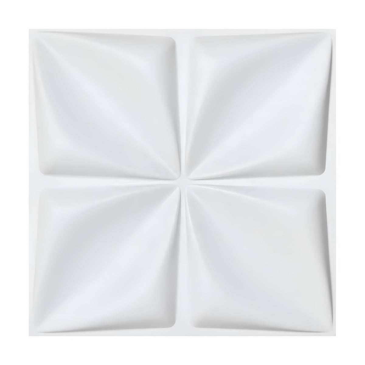 White PVC 3D wall panel, 50 x 50cm, with four pinched cushion squares arranged in a cross layout, creating a petal-like relief on a plain white background.