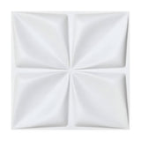 White PVC 3D wall panel, 50 x 50cm, with four pinched cushion squares arranged in a cross layout, creating a petal-like relief on a plain white background.