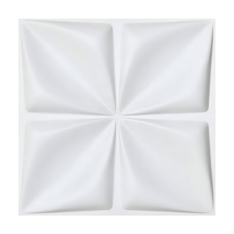 White PVC 3D wall panel, 50 x 50cm, with four pinched cushion squares arranged in a cross layout, creating a petal-like relief on a plain white background.