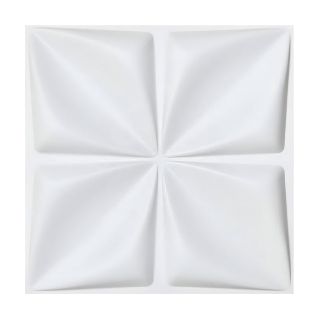 White PVC 3D wall panel, 50 x 50cm, with four pinched cushion squares arranged in a cross layout, creating a petal-like relief on a plain white background.