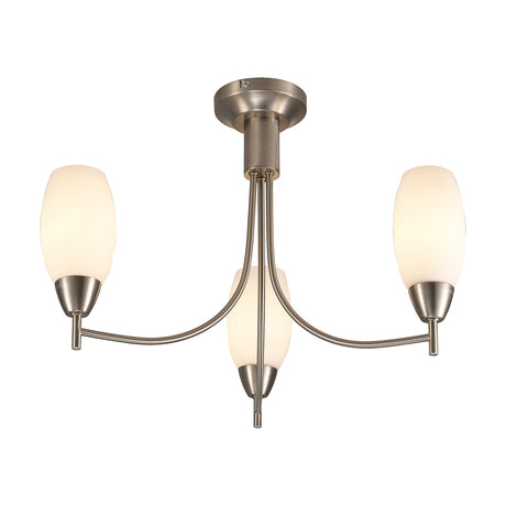 Devon 3 Light E14 Ceiling Light 46cm in satin nickel with three curved arms and oval opal white glass shades, shown on a plain white background.