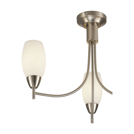 Devon 3 Light E14 ceiling light in satin nickel, 46cm, with two curved arms holding opal white glass shades, shown on a plain white background.
