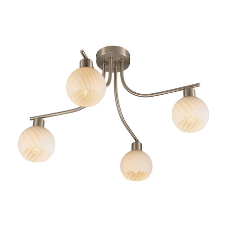 Carmen 4 Light E14 Ceiling Light in satin nickel, with four curved arms holding frosted swirl-pattern globe shades, shown on a plain white background.