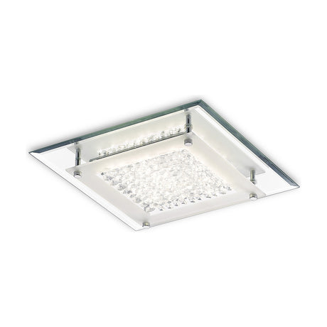 Gina 12W square flush ceiling light, 28cm, with crystal glass panel and mirrored polished chrome frame, LED cool white, shown on a plain white background.