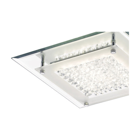 Close-up of the Gina 12W flush ceiling light, 28cm square, showing crystal glass facets, mirrored backing and polished chrome fixings on a white background.