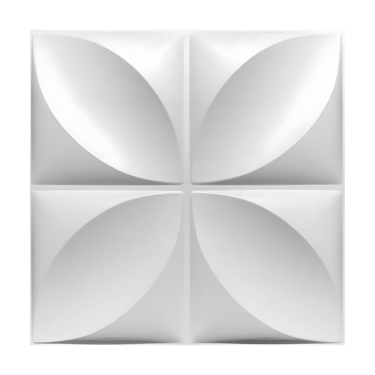 White PVC 3D wall panel, 50 x 50cm, divided into four squares each with a raised diagonal leaf, forming a four-petal flower pattern, shown on a plain background.