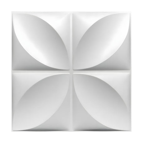 White PVC 3D wall panel, 50 x 50cm, divided into four squares each with a raised diagonal leaf, forming a four-petal flower pattern, shown on a plain background.