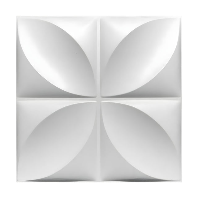 White PVC 3D wall panel, 50 x 50cm, divided into four squares each with a raised diagonal leaf, forming a four-petal flower pattern, shown on a plain background.