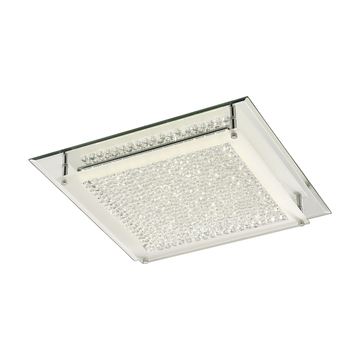 Gina square flush ceiling light, 42cm, with crystal glass panel and clear mirrored edging in a polished chrome frame, LED integrated, shown on a plain white background.