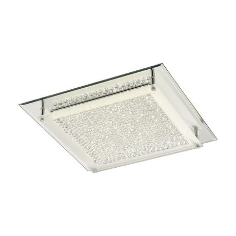 Gina square flush ceiling light, 42cm, with crystal glass panel and clear mirrored edging in a polished chrome frame, LED integrated, shown on a plain white background.