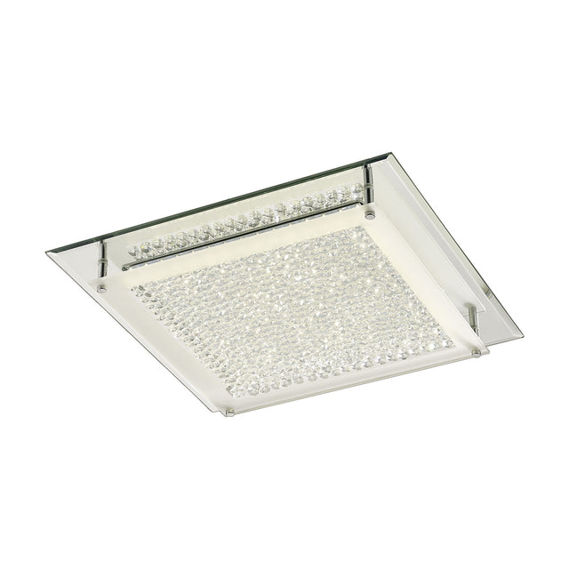 Gina square flush ceiling light, 42cm, with crystal glass panel and clear mirrored edging in a polished chrome frame, LED integrated, shown on a plain white background.
