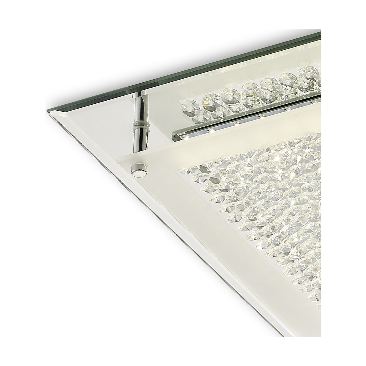 Close-up corner detail of the Gina 21W Flush Ceiling Light, showing crystal glass panels, integrated LED strip, and polished chrome bracket against a mirrored frame.