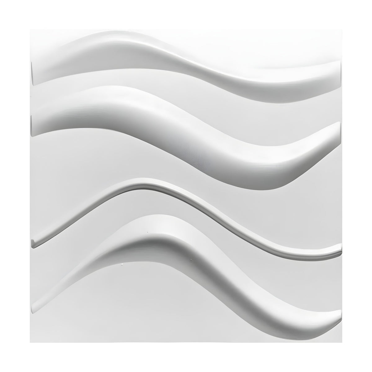 White PVC 3D wall panel, 50 x 50cm, featuring four raised horizontal wave ribbons of varying widths across a plain white background.