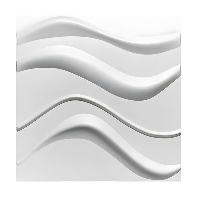 White PVC 3D wall panel, 50 x 50cm, featuring four raised horizontal wave ribbons of varying widths across a plain white background.