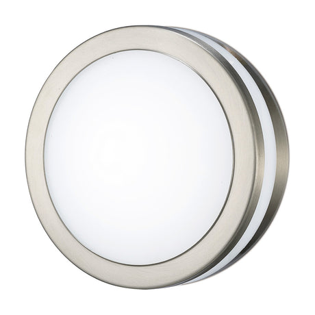 Aldo round outdoor wall light in stainless steel, 14cm, with an opal white diffuser and integrated LED, shown at an angle on a plain white background.