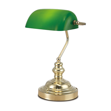 Morgan E27 table lamp with curved green glass banker's shade on a polished brass base and curved stem, ornate turned column, on a plain white background.