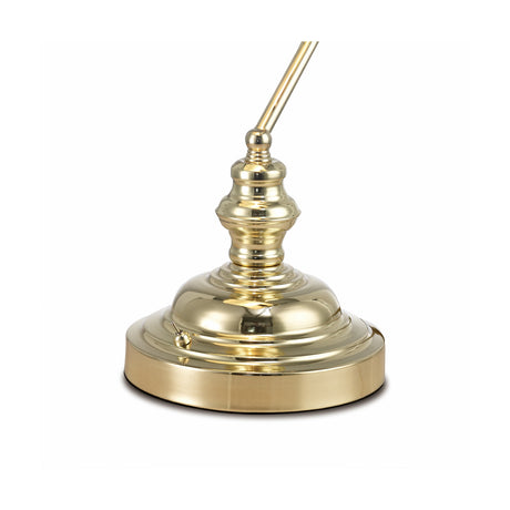Close-up of the Morgan E27 table lamp's polished brass base, stem, and adjustable arm, with a toggle switch on the body, shown on a plain white background.
