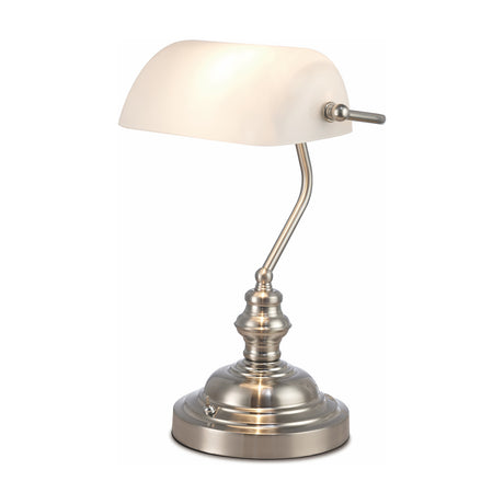 Morgan E27 bankers table lamp with curved white glass shade, satin nickel stem, weighted base and toggle switch, shown on a plain white background.