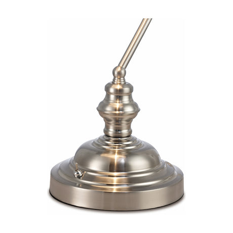 Close-up of the Morgan E27 table lamp's satin nickel stem and stepped base with toggle switch, shown against a plain white background.