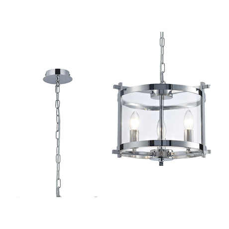 Nolan 3 Light E14 Pendant Light, 36cm, with clear glass shades on a polished chrome frame and ceiling chain, shown on a plain white background.