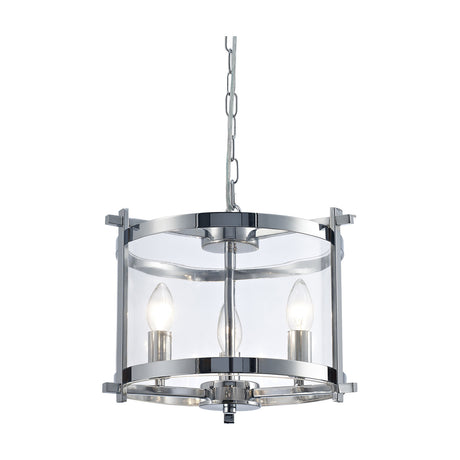 Nolan 3 Light E14 Pendant Light, 36cm drum-style polished chrome frame with clear glass panels and visible candle bulbs, chain suspension, on a plain white background.