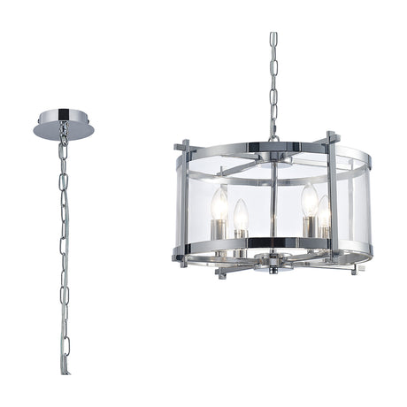 Nolan 4 Light E14 Pendant Light, 46cm drum frame in polished chrome with clear glass panels and exposed candle bulbs, shown with chain and ceiling mount on a white background.