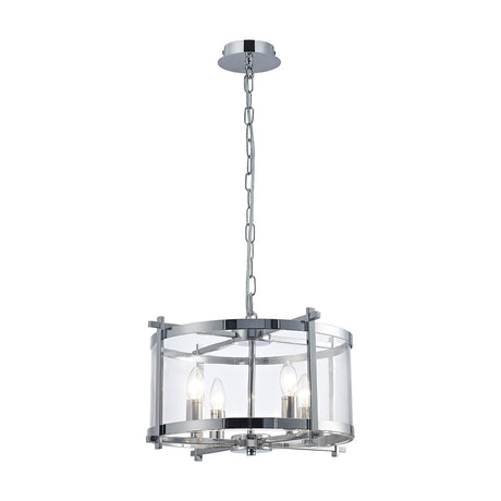 Nolan 4 Light E14 Pendant Light, 46cm drum frame in polished chrome with clear glass panels and exposed candle bulbs, shown on a plain white background.
