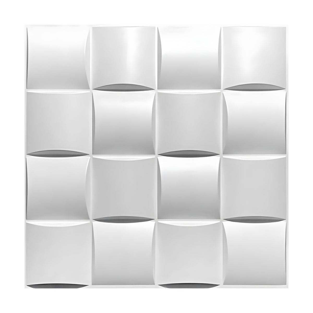 White PVC 3D wall panel, 50 x 50cm, with a curved square basket weave pattern in a 4x4 grid, alternating crescent recesses, shown on a plain white background.