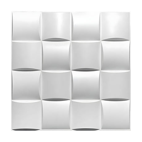White PVC 3D wall panel, 50 x 50cm, with a curved square basket weave pattern in a 4x4 grid, alternating crescent recesses, shown on a plain white background.