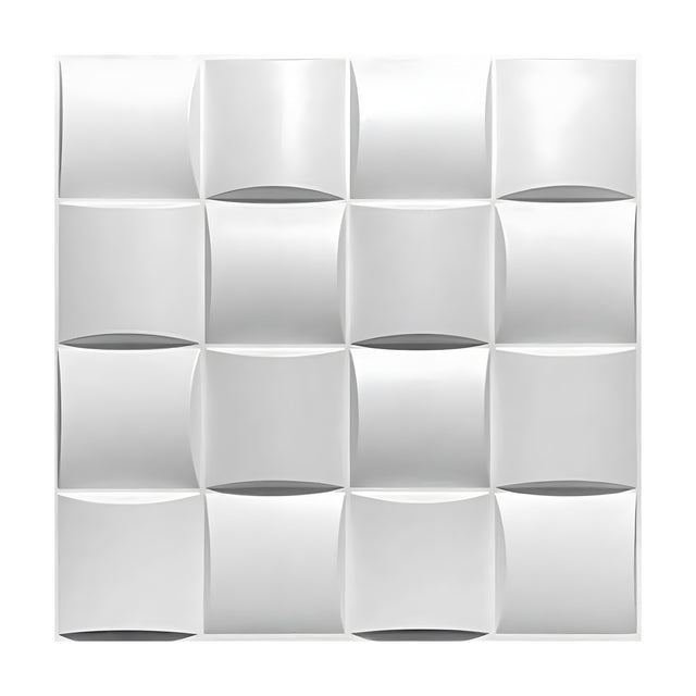 White PVC 3D wall panel, 50 x 50cm, with a curved square basket weave pattern in a 4x4 grid, alternating crescent recesses, shown on a plain white background.