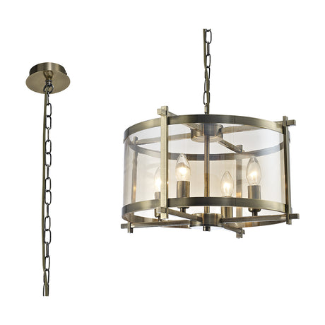 Nolan 4 Light E14 Pendant Light 46cm, antique brass frame with amber tinted glass drum shade and visible candle bulbs, shown with hanging chain and ceiling rose on a white background.