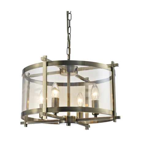 Nolan 4 Light E14 Pendant Light, 46cm drum frame in antique brass with clear glass panels and exposed candle bulbs, hung from a chain on a plain white background.