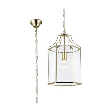 Payton E27 Pendant Light 27cm in French Gold, a six-sided clear glass lantern shade on a slim gold frame with visible E27 bulb, shown with ceiling chain and rose on a white background.
