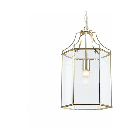 Payton E27 Pendant Light 27cm in French gold, a six-sided lantern with clear flat glass panels and a central E27 bulb, shown on a plain white background.