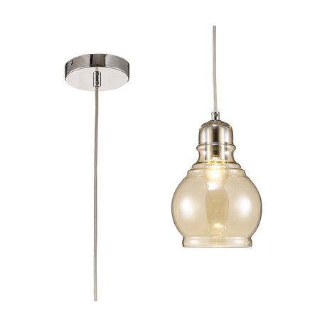 Ariel E27 Pendant Light, 16cm cognac glass shade with bulbous base on a polished chrome suspension and round ceiling cup, shown lit beside its cable and fitting on a white background.