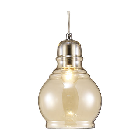 Ariel E27 pendant light with a 16cm cognac glass shade and polished chrome ceiling cup and suspension, shown lit on a plain white background.