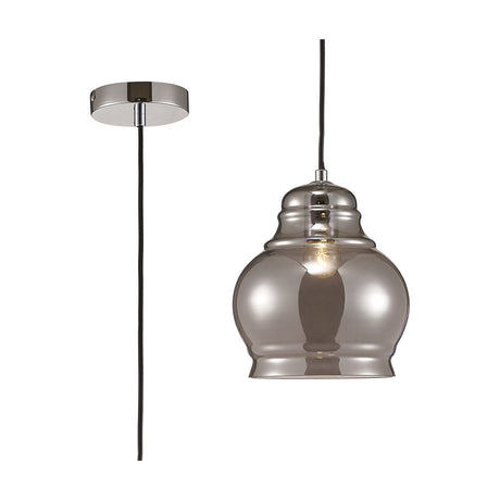Ariel E27 Pendant Light 20cm in smoked glass with a bell-shaped shade and polished chrome ceiling rose and cable, shown with bulb lit on a white background.