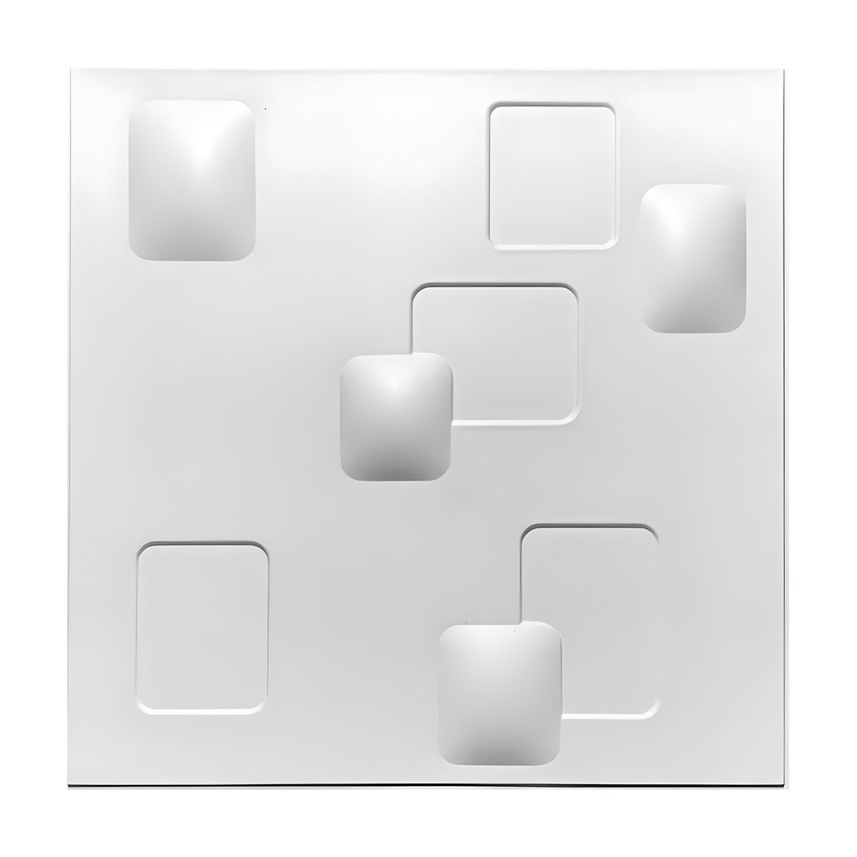 White PVC 3D wall panel, 50 x 50cm, with scattered raised cushion squares and flat outlined squares in an irregular layout, shown on a plain white background.