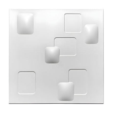 White PVC 3D wall panel, 50 x 50cm, with scattered raised cushion squares and flat outlined squares in an irregular layout, shown on a plain white background.