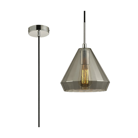 Markus Cone Pendant Light, 23cm smoked mirror glass shade with polished chrome ceiling mount and cable, shown with round ceiling rose on a plain white background.