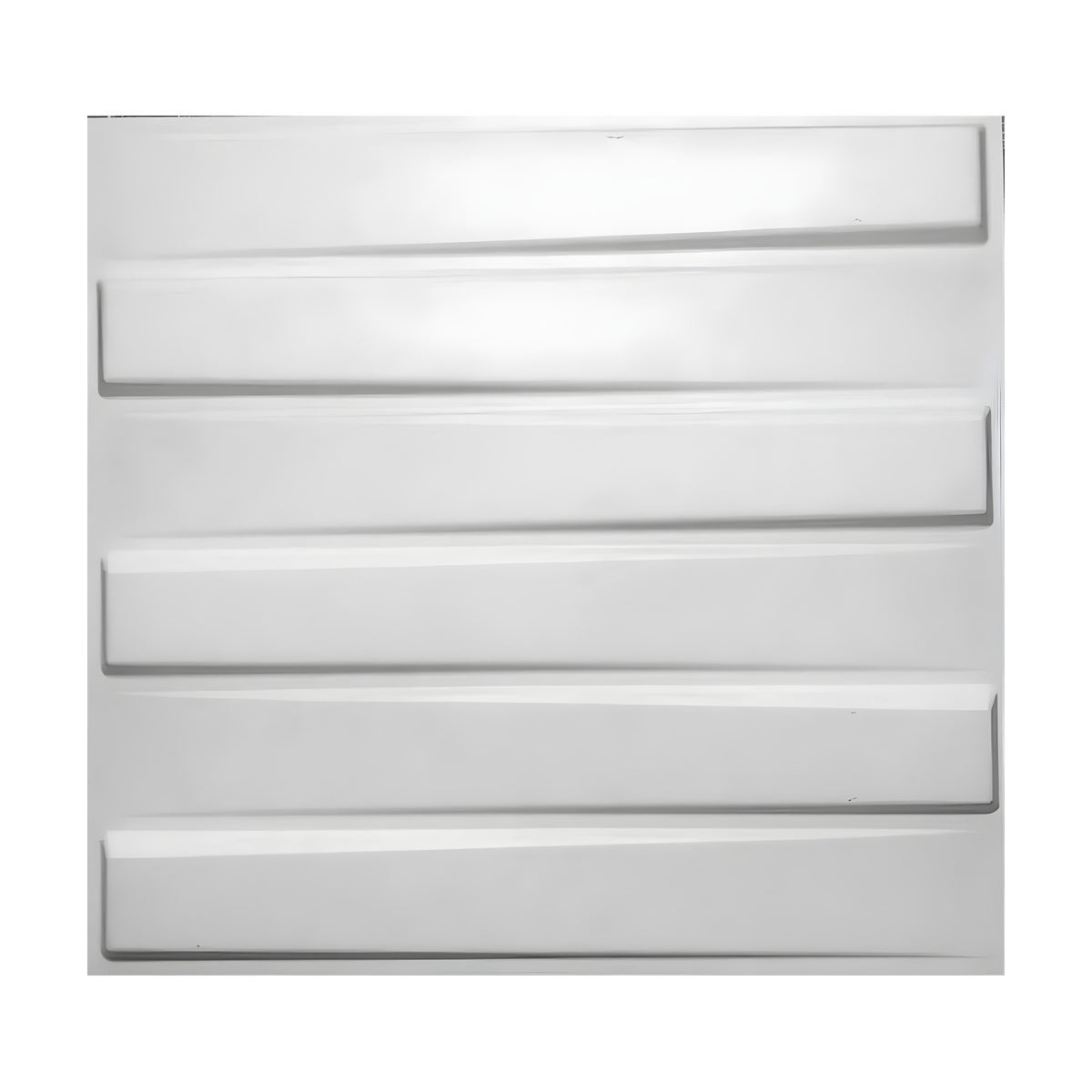 White PVC 3D wall panel, 50 x 50cm, featuring six stacked horizontal planks with tilted, alternating raised ends and recessed gaps, shown on a plain background.